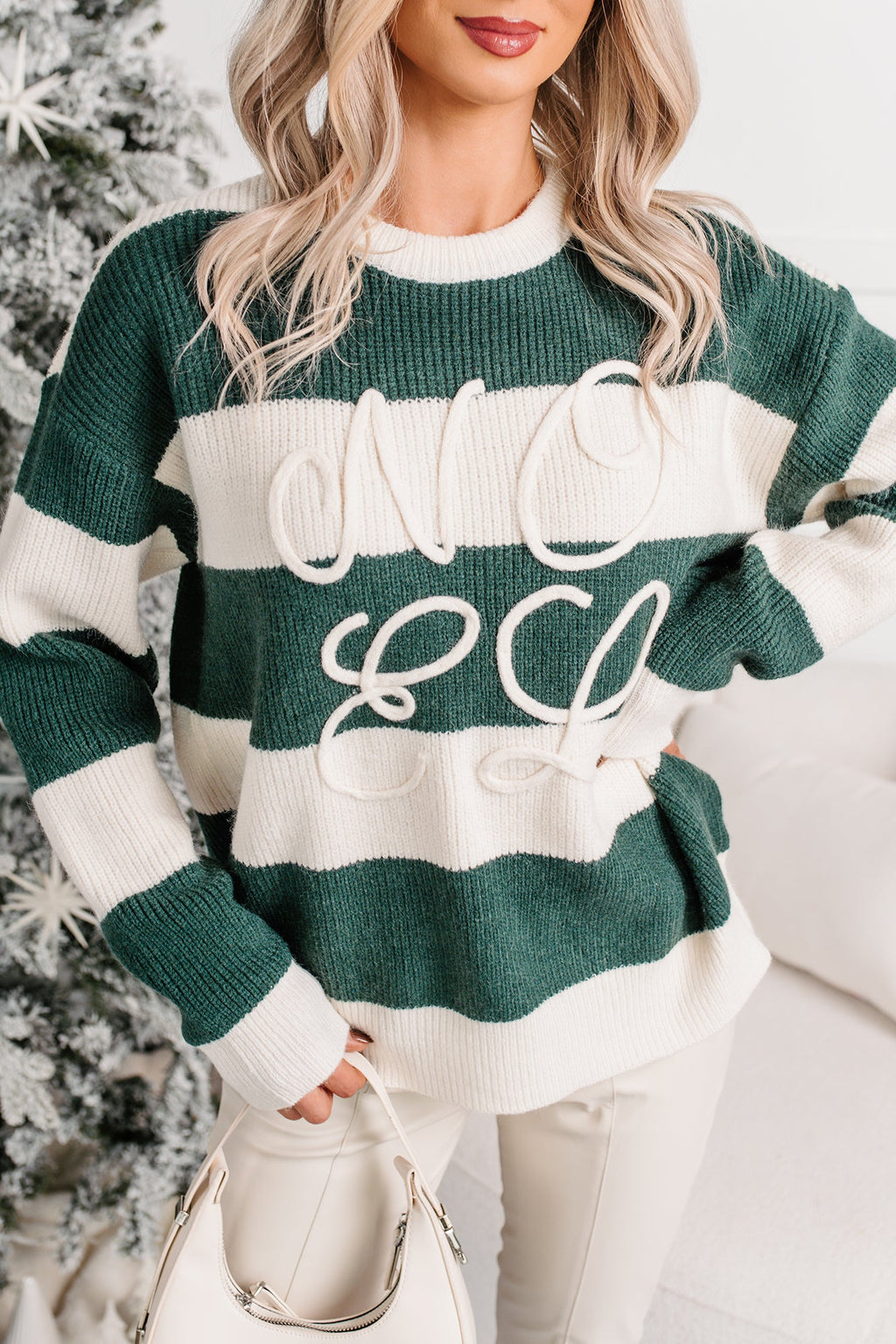 "Noel" Striped Knit Christmas Sweater (Hunter Green)