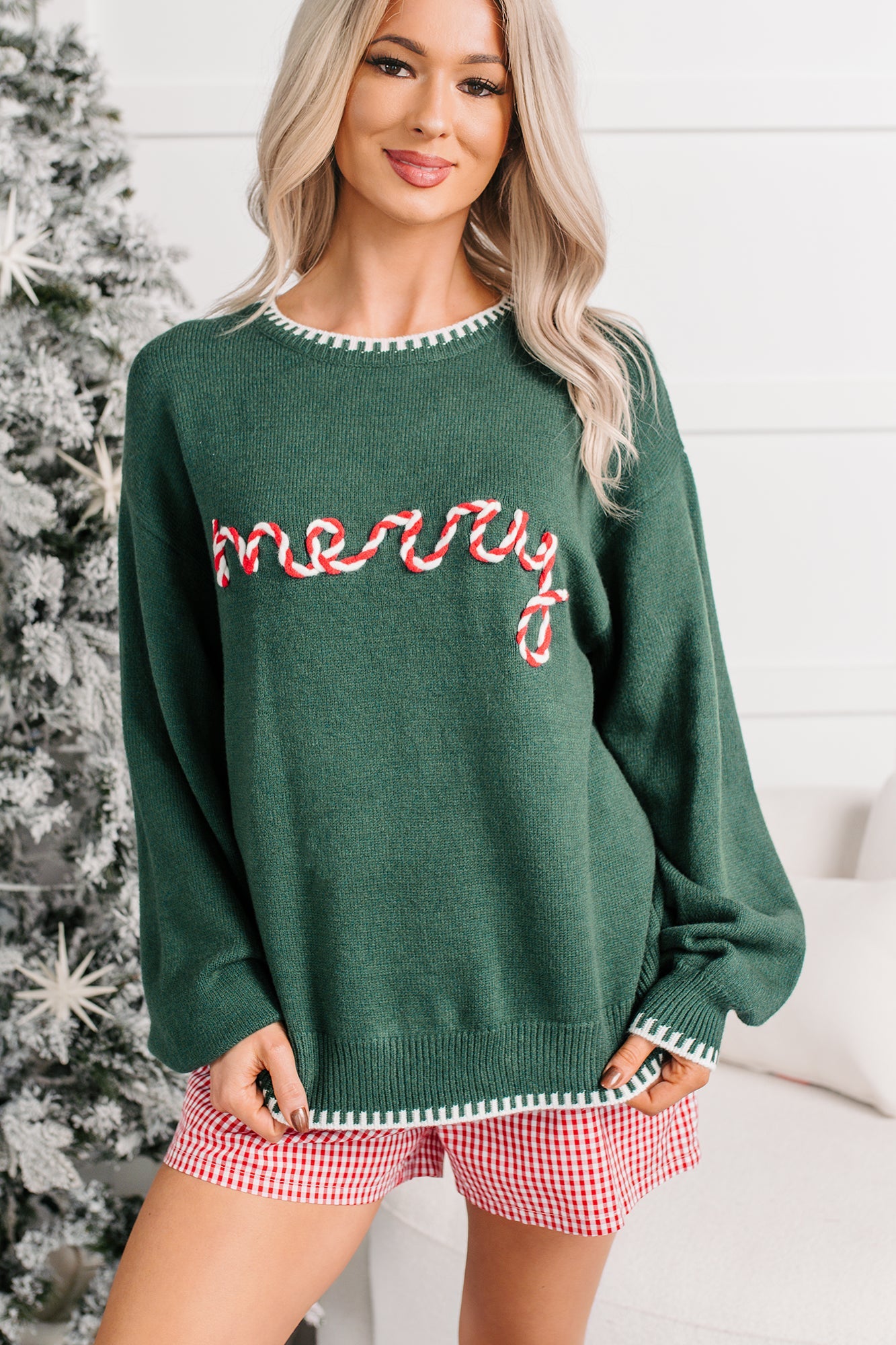 "Merry" Twist Stitching Christmas Sweater (Hunter Green)