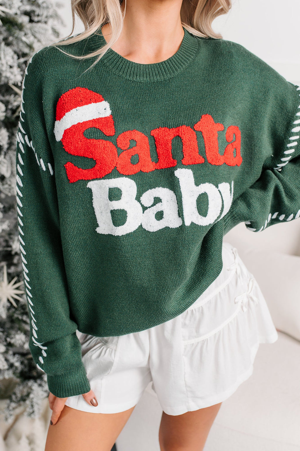 "Santa Baby" Knit Christmas Sweater (Hunter Green)
